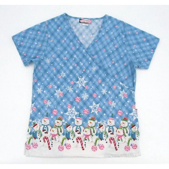 Vtg Scrub Works Scrub Top Womens Large Christmas Faux Wrap Pocket Nurse Snowman - Picture 8 of 10